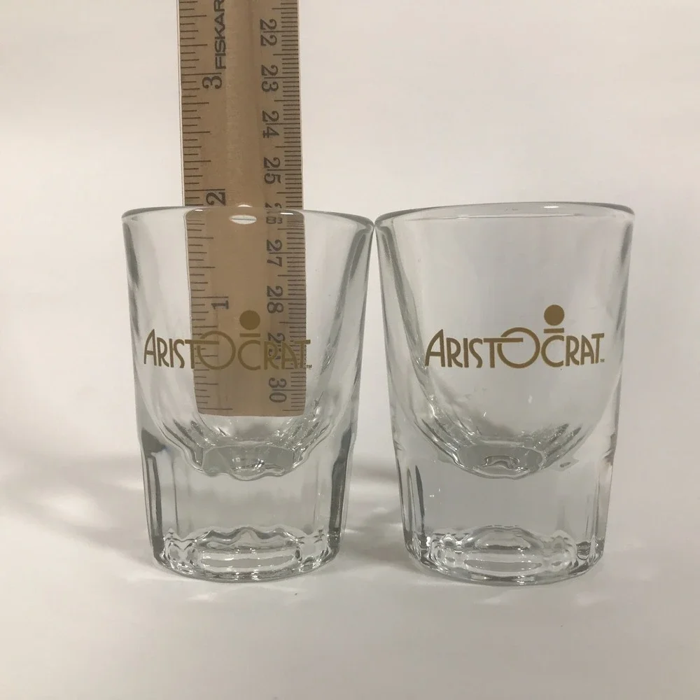 Aristocrat Vodka Shot Glasses Set of 2 Gold Logo Clear Fluted Base Barware